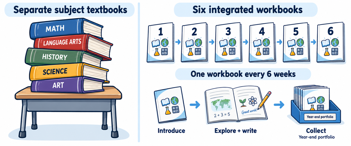 Comparison graphic. Left: a stack of separate subject textbooks for math, language arts, history, science, and art on a school desk. Right: six numbered integrated workbooks, one every six weeks, each combining reading, social studies, science, and math; each workbook is introduced, explored through writing, and collected into a year-end portfolio.