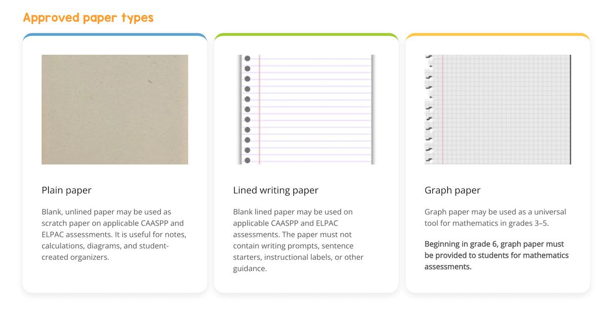 What types of paper can be used during CAASPP testing?