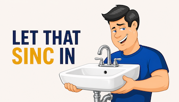 SDLA headache character carrying a bathroom sink beside the words Let That SINC In