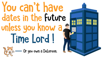 SDLA Time Lord character beside a blue time machine, illustrating a CALPADS future-date error