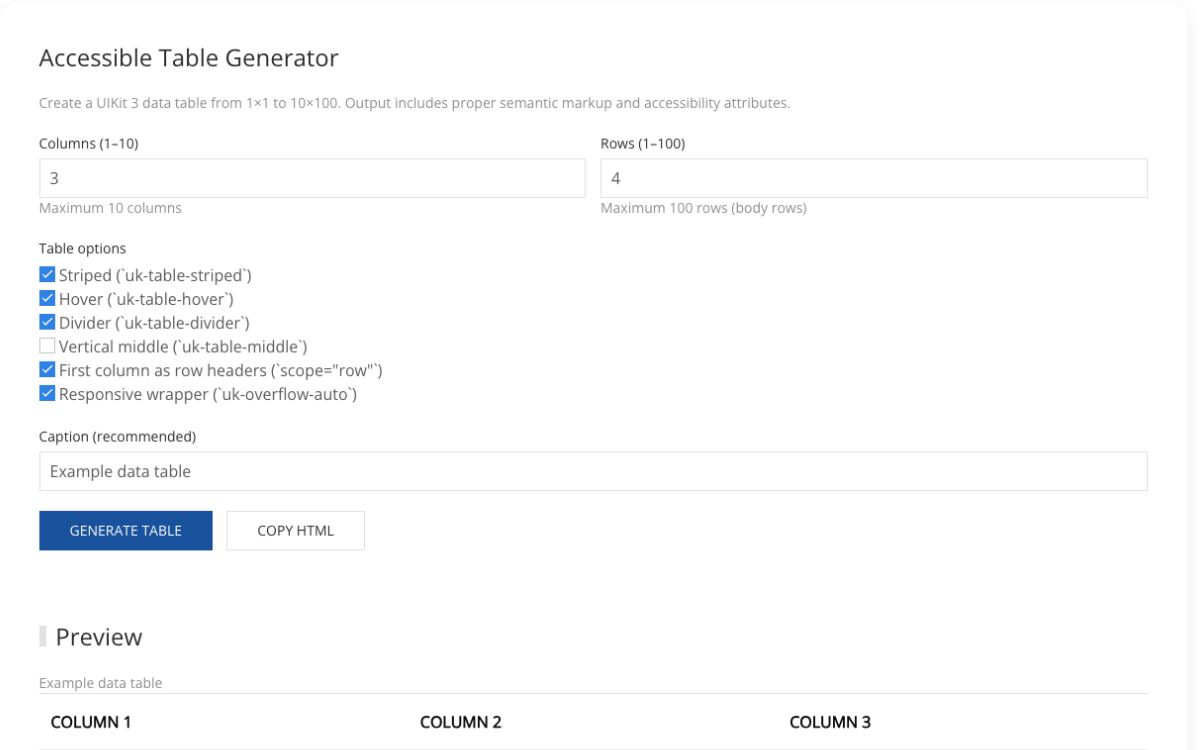 Accessible Table Generator showing table configuration controls and generated table preview