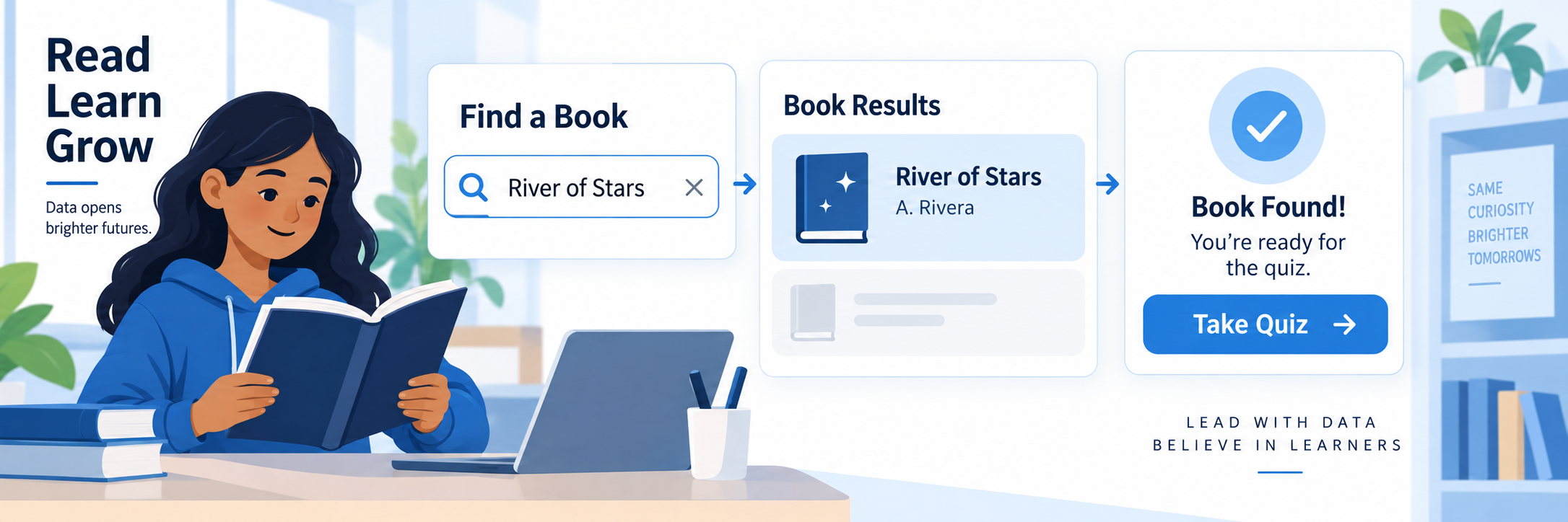 Illustrative student workflow showing a fictional book title entered in search, the matching book result, and a Take Quiz button.