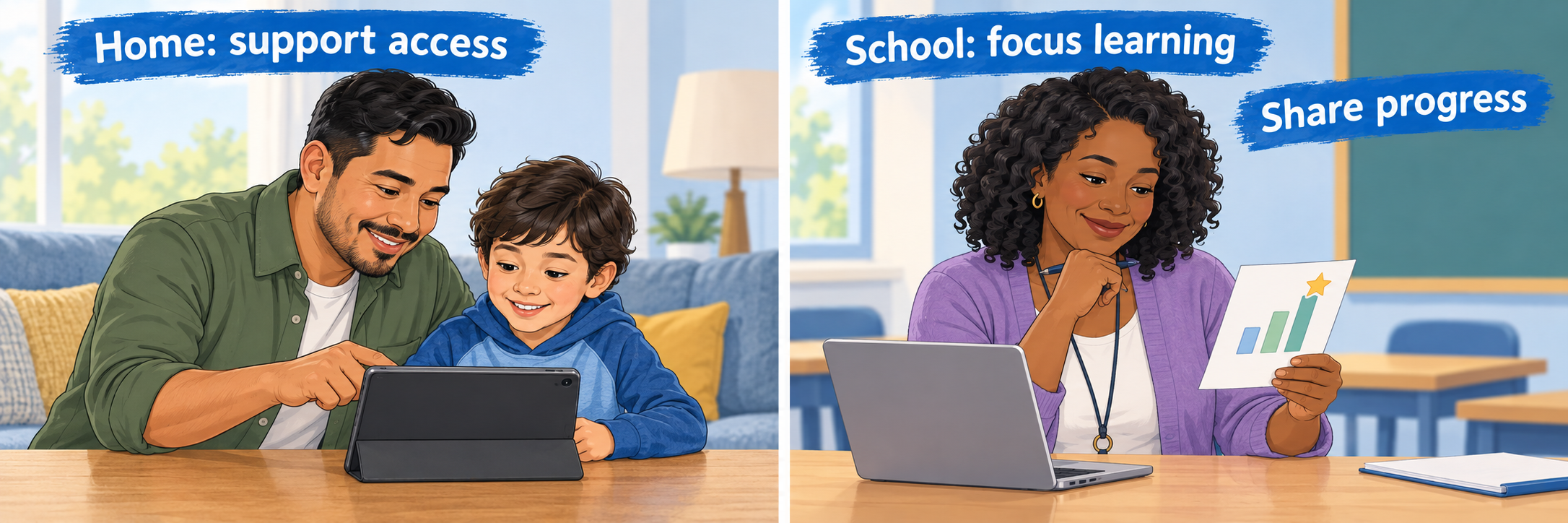 A 40-year-old white blonde mother in active sportswear manages home access, her six-year-old white son practices a simple addition game and holds up his paper response, and a 50-year-old white Latina teacher listens as he explains his learning.