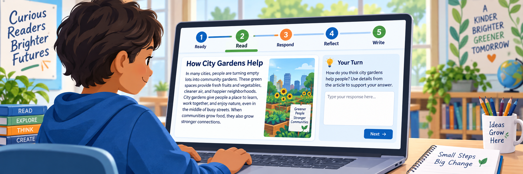 Illustrative student lesson with Ready, Read, Respond, Reflect, and Write steps above a fictional article and response area.