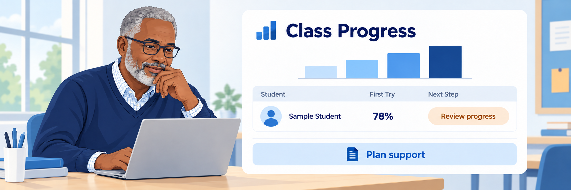 Illustrative progress view with a 60-year-old African American male teacher reviewing de-identified lesson and first-try data.