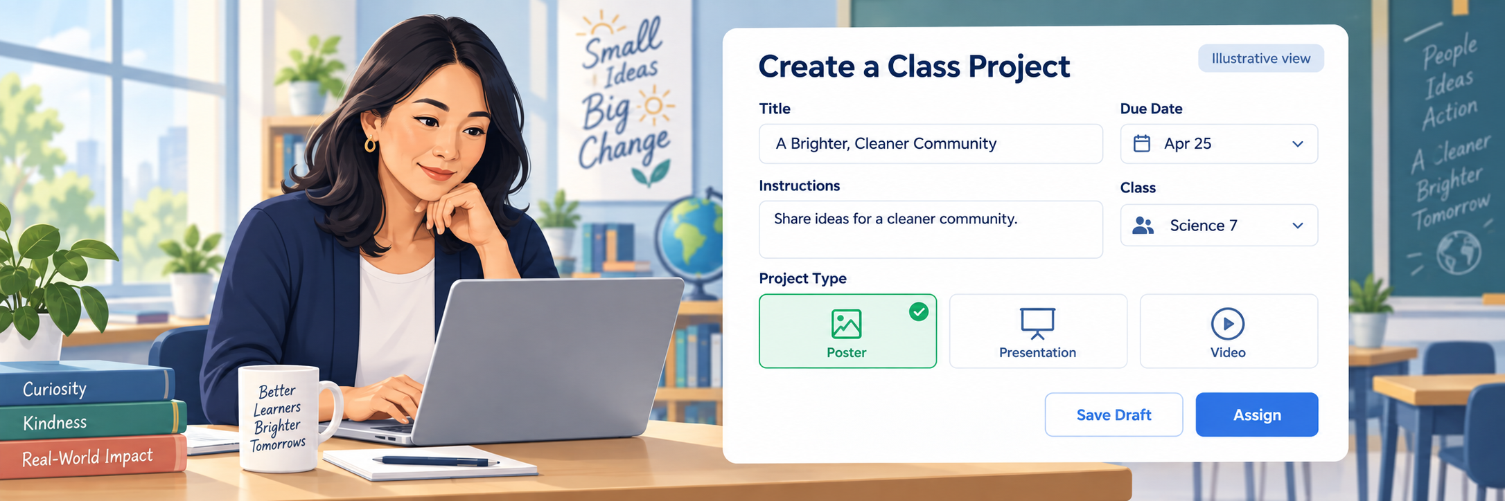 Illustrative assignment view with a 40-year-old Asian female teacher and fields for title, instructions, due date, class, project format, Save Draft, and Assign.