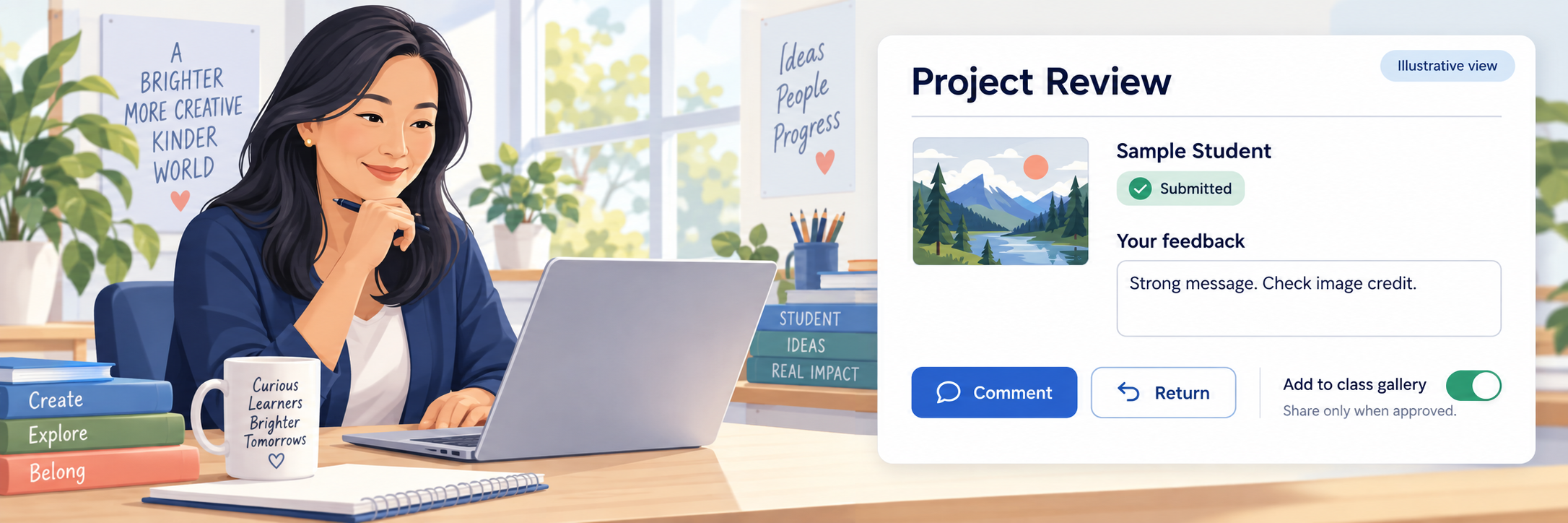 Illustrative project review with a 40-year-old Asian female teacher, a de-identified submitted project, feedback, and a disabled class-gallery control.