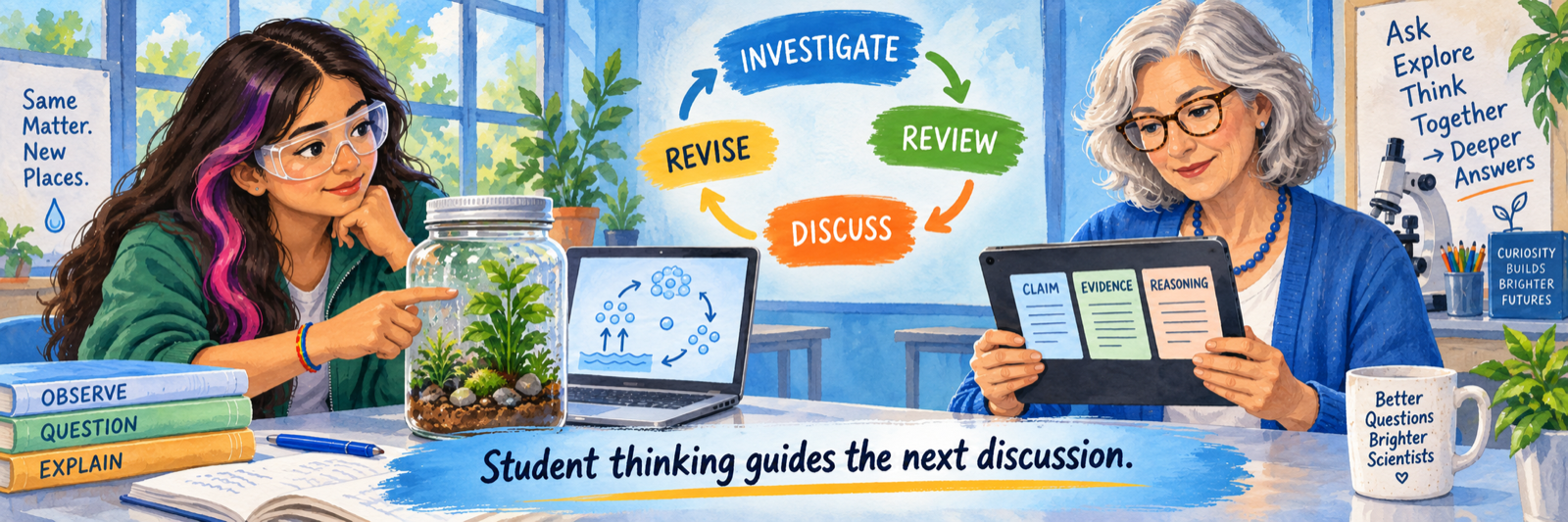 A white female science teacher in her 60s reviews student work while a 15-year-old Latina student with a purple-pink hair streak investigates a phenomenon using physical materials and a digital model.