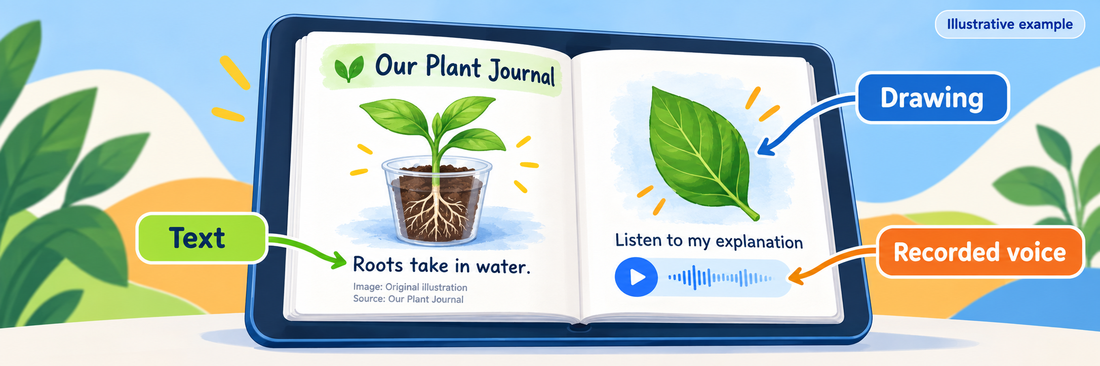 Plant journal combining a seedling drawing, the sentence Roots take in water, and a recorded explanation.
