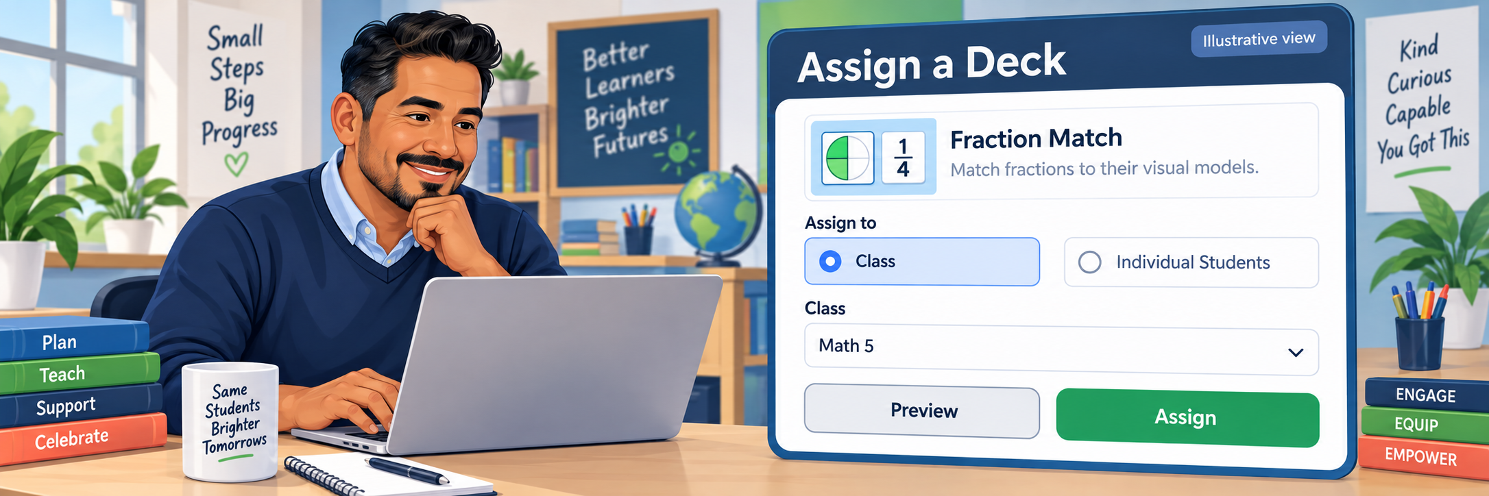 Illustrative deck-assignment view with a Latino male teacher selecting a class and assigning a fictional fraction deck.
