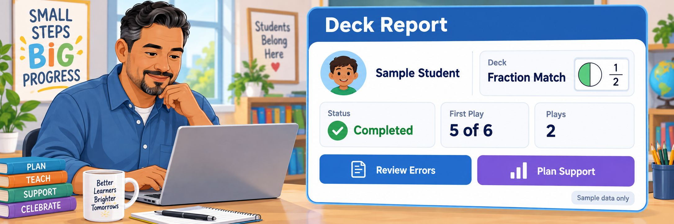 Illustrative deck report with a Latino male teacher reviewing de-identified completion and play data.