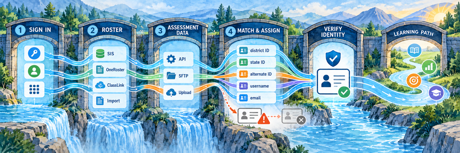 A river passes through separate Sign In, Roster, Assessment Data, Match and Assign, and Verify Identity gates before reaching one individualized learning path; a duplicate record is diverted with a warning.