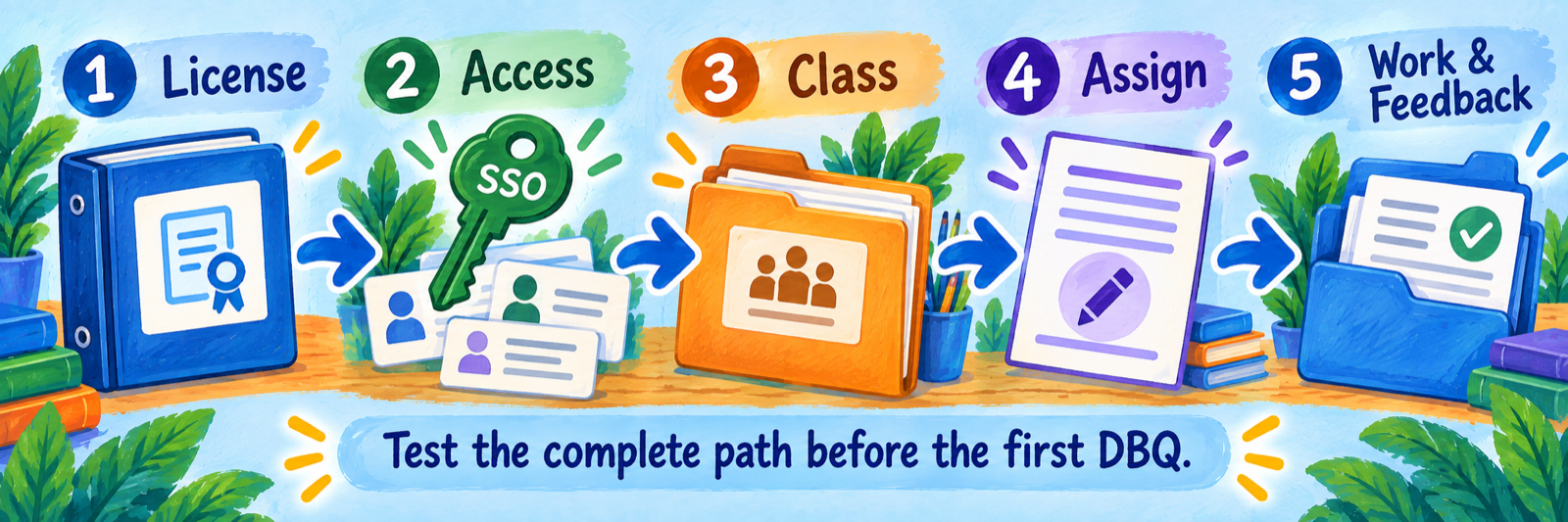 A district workflow connects a licensed binder, account access, a teacher class, an assignment, and student work with feedback.