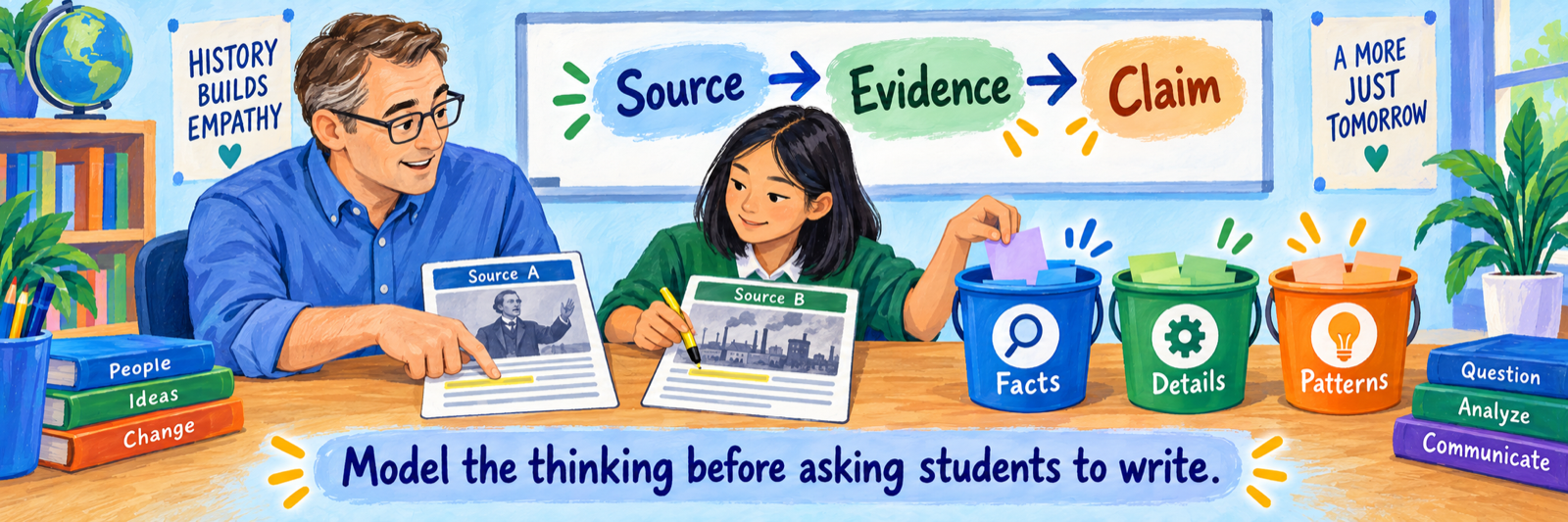 A white male history teacher around age 45 models source analysis with an Asian female middle-school student who highlights evidence and organizes notes into buckets.