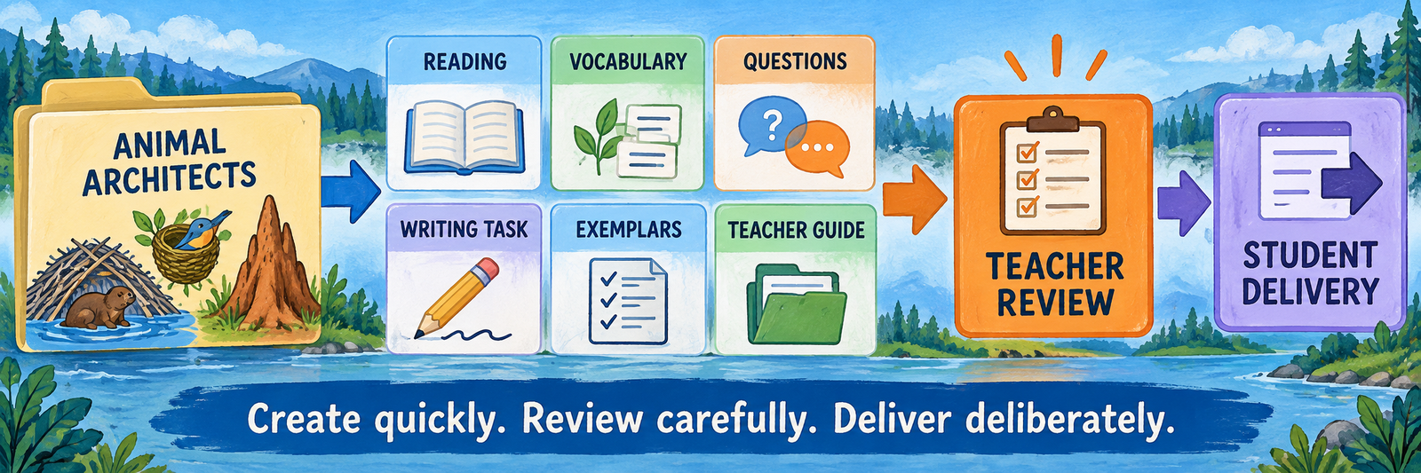An Animal Architects source becomes a reading, vocabulary activity, comprehension questions, writing task, exemplars, and teacher guide, followed by teacher review and student delivery.