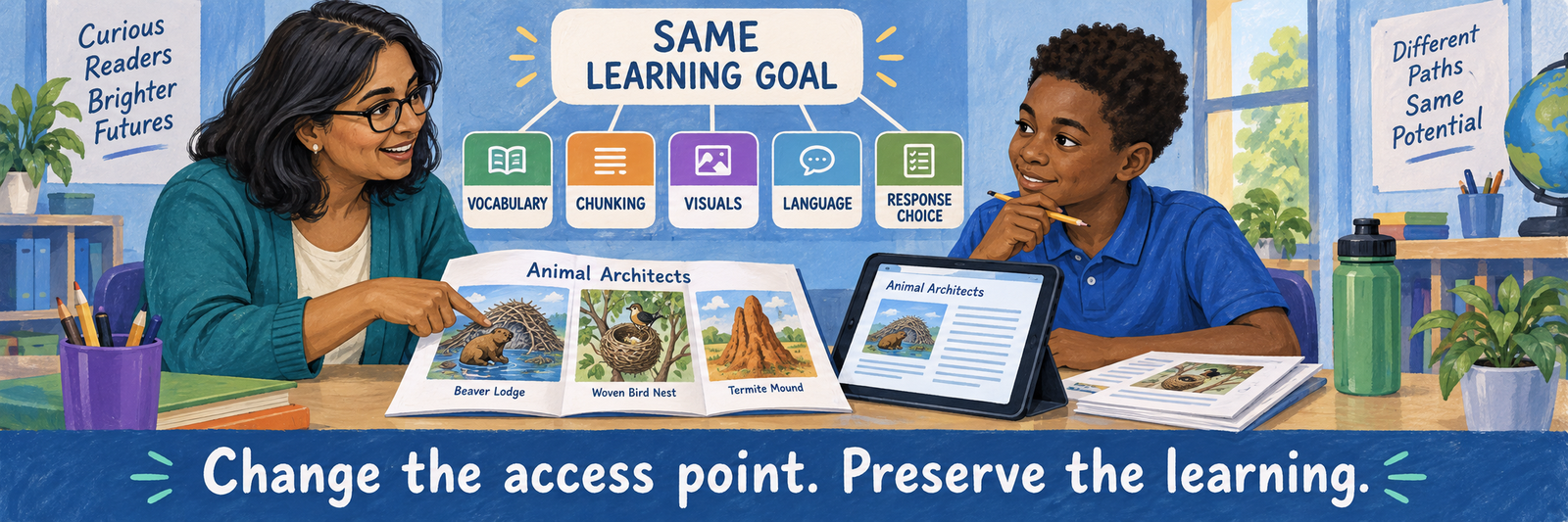 A South Asian female teacher in her 40s and a 12-year-old Black male student review an Animal Architects resource with the same learning goal supported by vocabulary, chunking, visuals, language, and response choices.