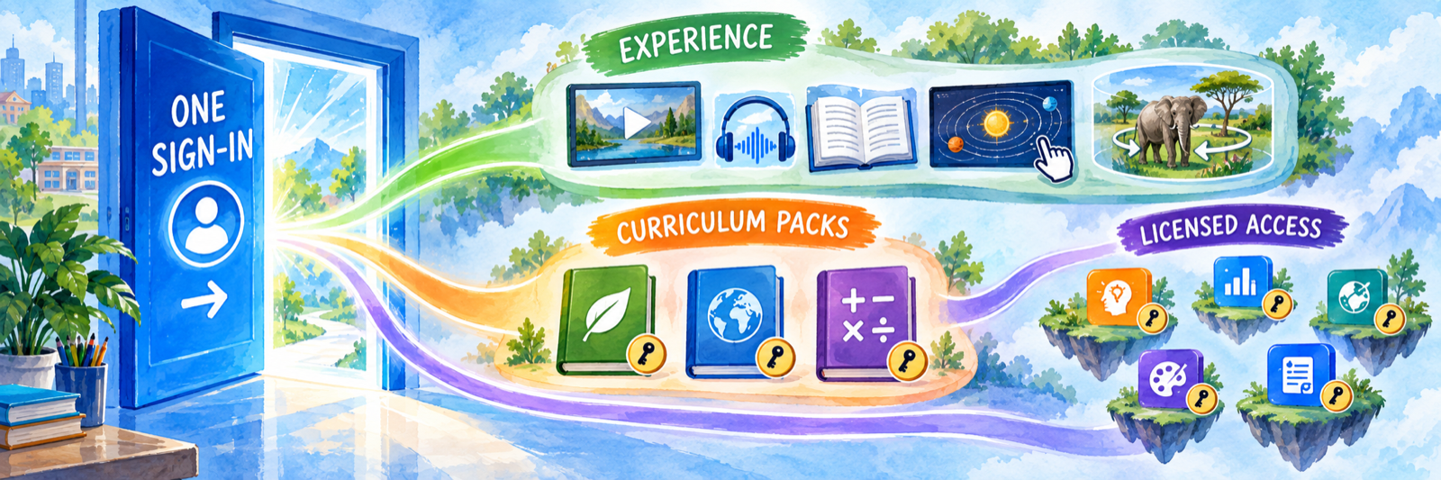 One sign-in leads to the Experience media library, curriculum packs controlled by keys, and separately licensed product areas.