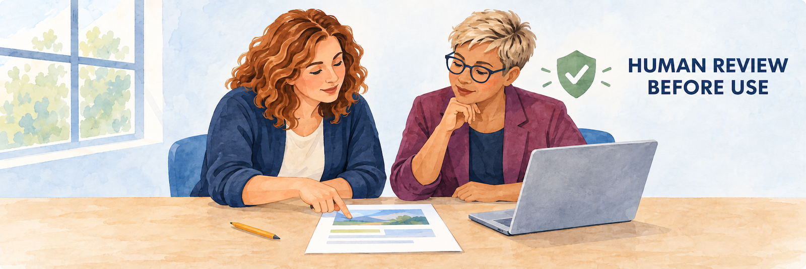 Two 40-year-old white female educators, one classroom teacher and one instructional-support teacher, compare a generated draft with an adopted curriculum binder, verified source, standards, review checklist, protected folder, and approved export tray.