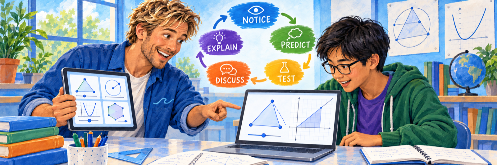 A friendly white male math teacher around age 30 points toward an unobstructed laptop display while an Asian middle school boy studies a dynamic geometry construction and graph; the cycle reads Notice, Predict, Test, Discuss, Explain.