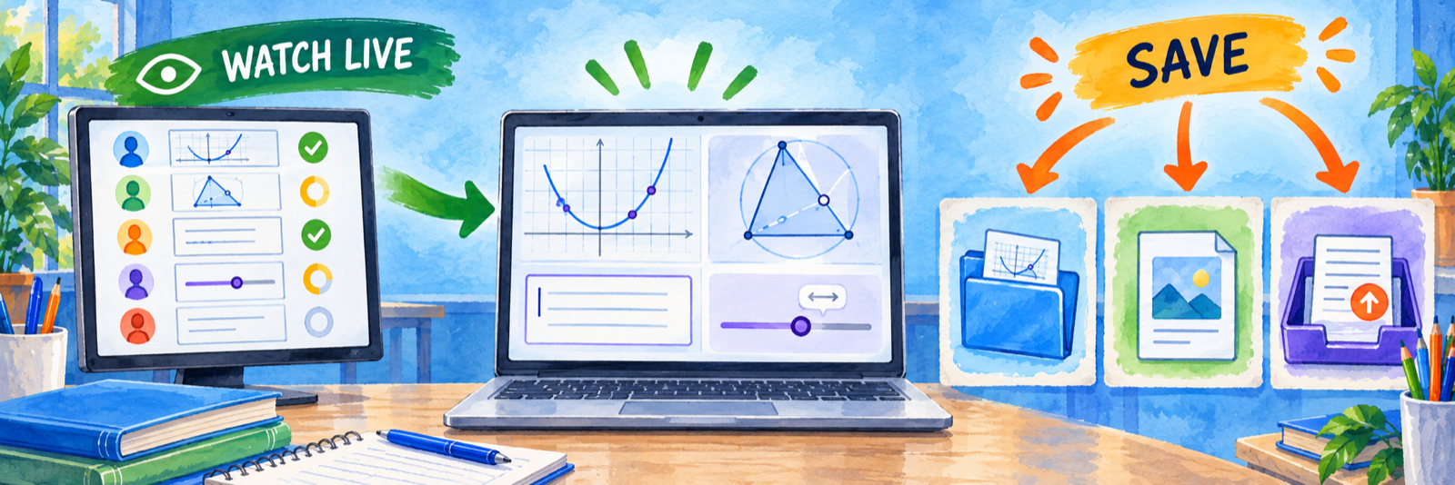 A teacher-view monitor watches live math work while arrows lead from the activity to an account folder, a downloaded image or file, and an LMS submission tray.