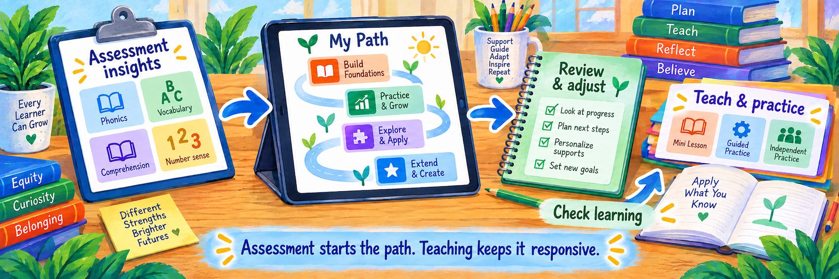 Assessment insights inform My Path; teachers review and adjust, teach and practice, and check learning.