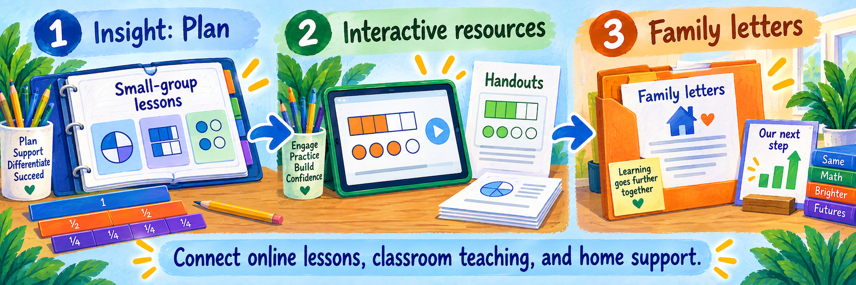 Small-group lessons, interactive resources, handouts, and family letters connect school and home support.