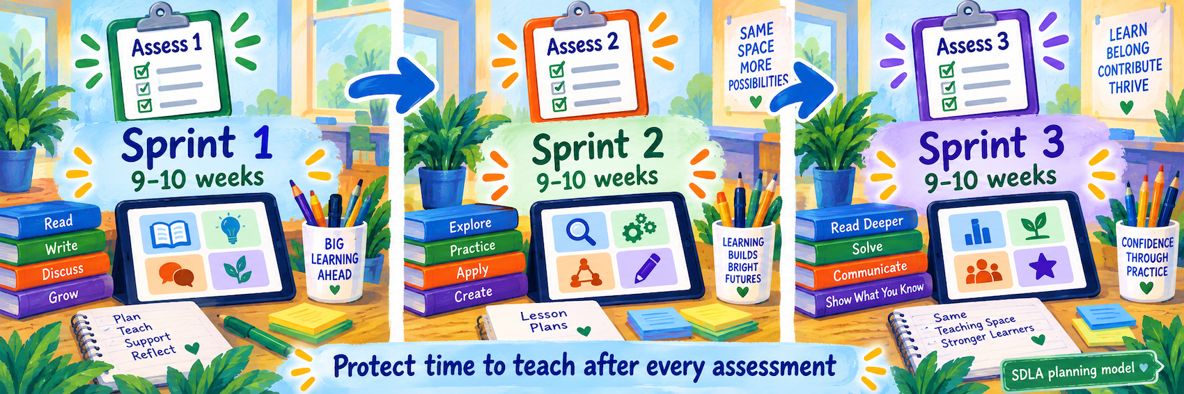 Three assessments each lead to a full 9–10-week instructional sprint, including the third assessment.