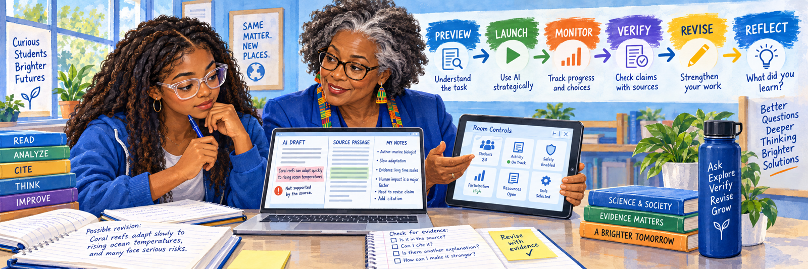 A 60-year-old African American female teacher wearing subtle kente-pattern earrings and collar trim guides a 16-year-old African American female student as she compares an AI draft with a source passage and her notes, identifies an unsupported claim, and revises her work.