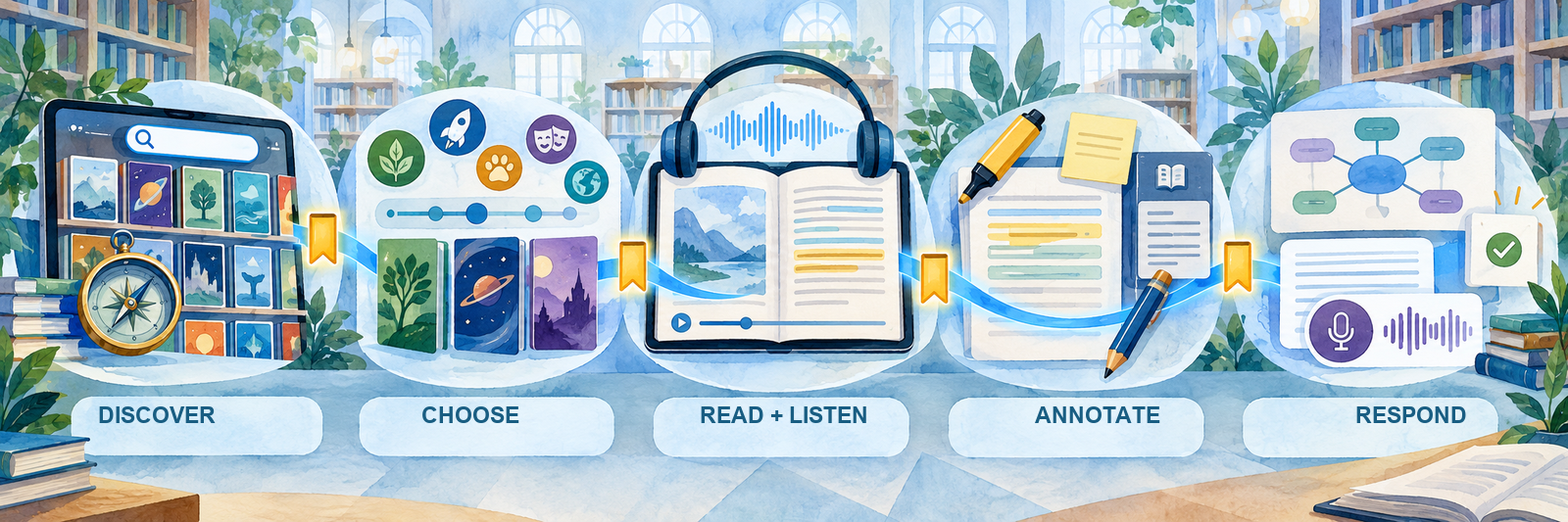 Five connected illustrated stations are labeled Discover, Choose, Read and Listen, Annotate, and Respond.