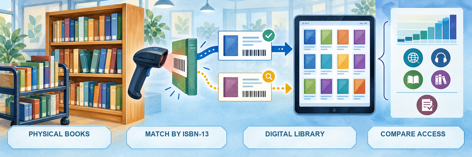 A physical classroom bookshelf connects through an ISBN-13 matching process to a digital library, followed by comparison of reading range, language, audio, format, and quiz access.