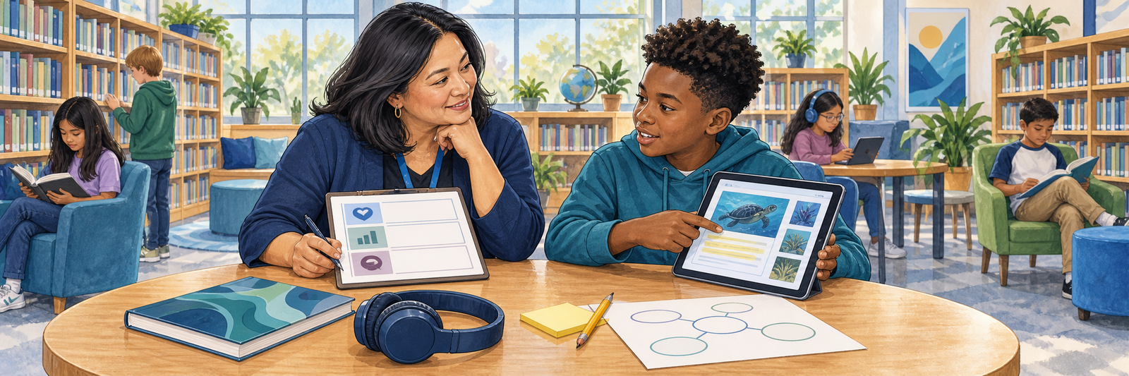 A Filipino American female teacher-librarian in her mid-40s listens as a Black fifth-grade boy explains a highlighted passage in a digital nonfiction book; physical books, headphones, notes, and a graphic organizer connect access with active reading.