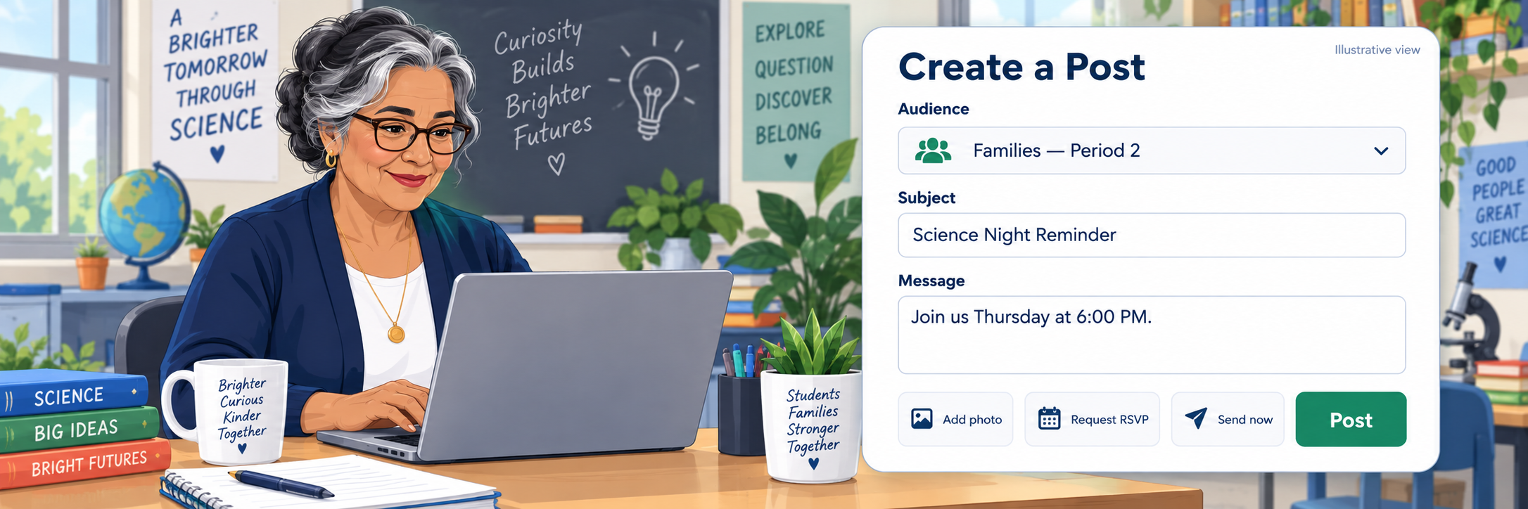 Illustrative post-composition view with a 60-year-old Latina teacher selecting families, writing a reminder, and requesting an RSVP.
