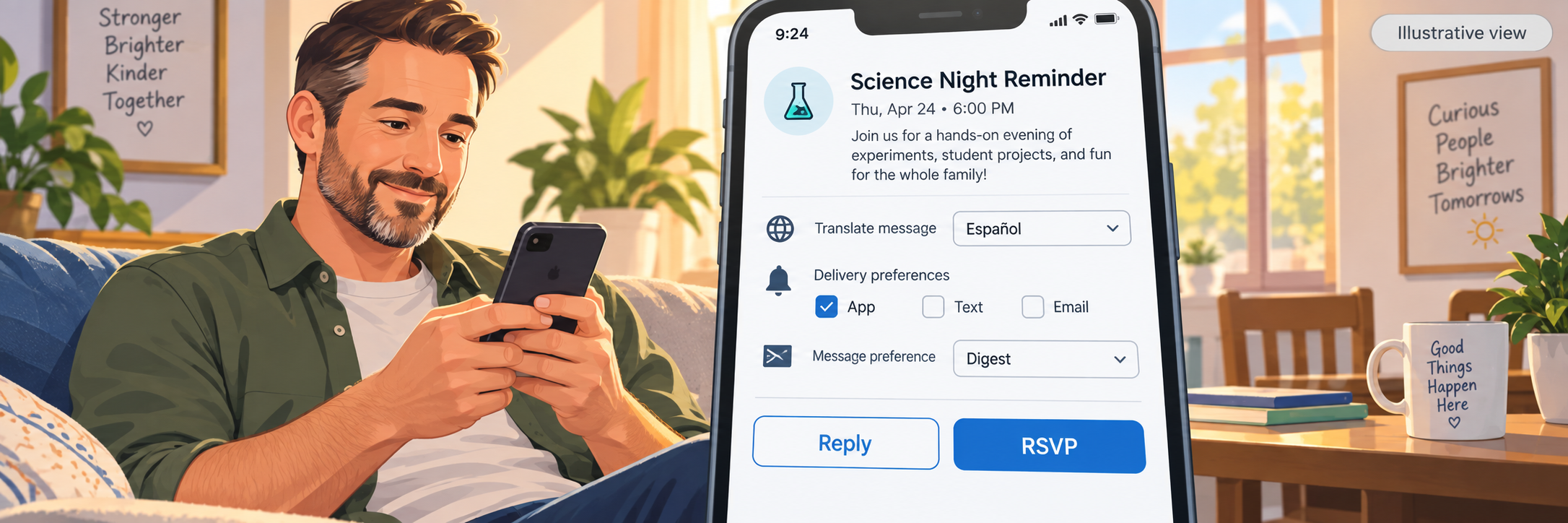 Illustrative 40-year-old White father reading a school reminder and reviewing language and delivery preferences.
