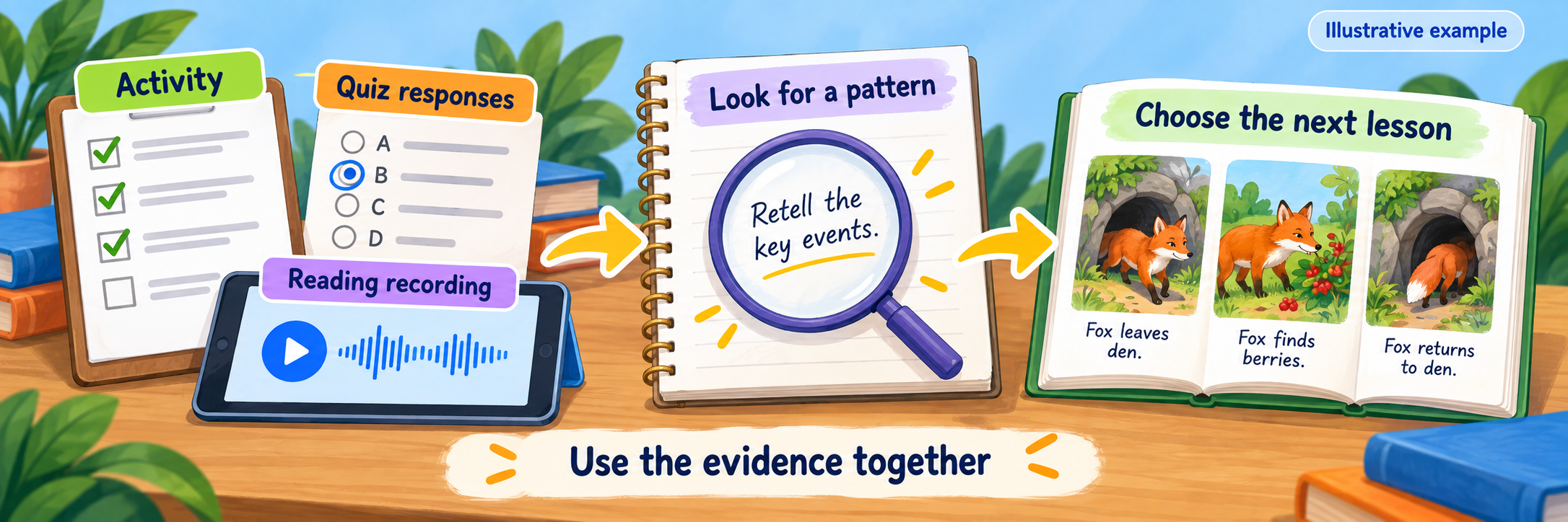 Combine activity, quiz responses, and a reading recording to look for a pattern and select a lesson on retelling key events.