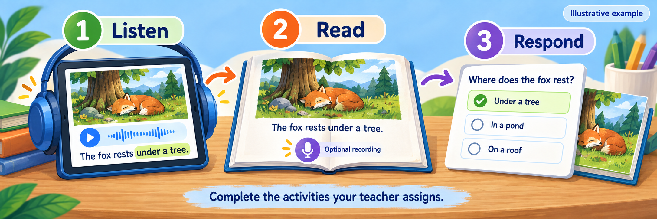 Listen to a fox story, read the text with an optional recording, then answer a question using the book.