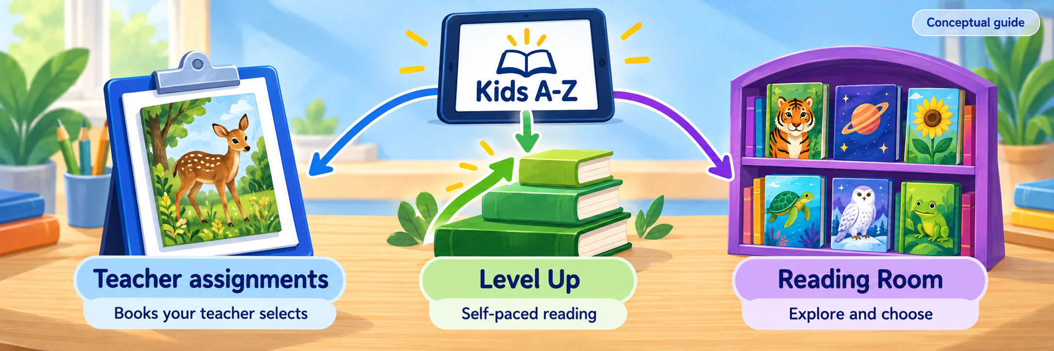 Kids A-Z connects to teacher assignments, self-paced Level Up reading, and the Reading Room for exploration.