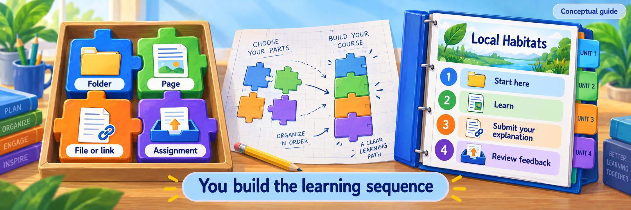 A folder, page, file or link, and assignment are assembled into a Local Habitats course sequence: start, learn, submit, and review.