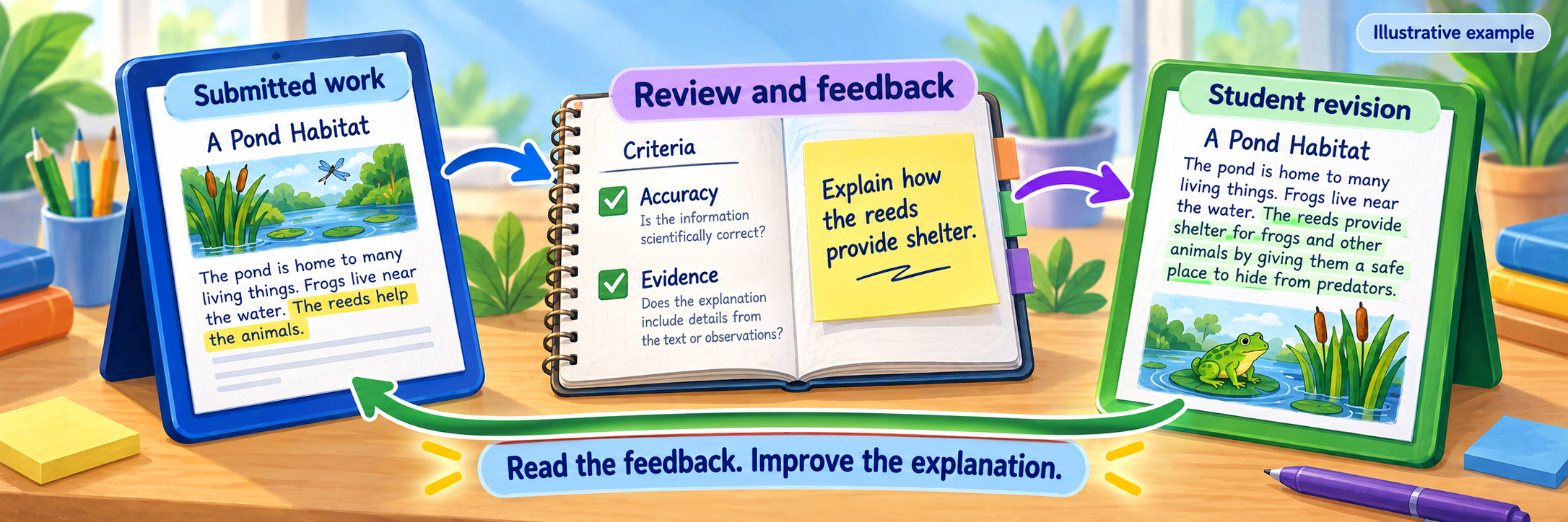 Submitted work moves through rubric review and feedback to a student revision, which returns for another review.