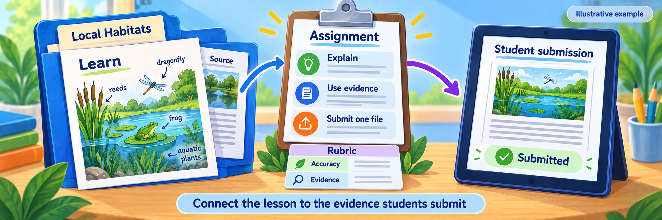 A Local Habitats lesson and source material connect to an assignment with accuracy and evidence criteria, then to a submitted student explanation.