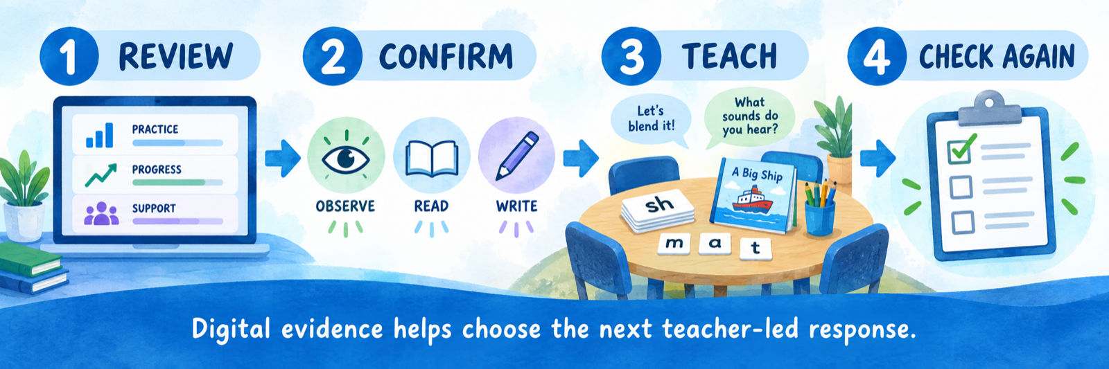 A teacher dashboard observation leads to a small-group phonics lesson with sound cards, letter tiles, and spoken practice.