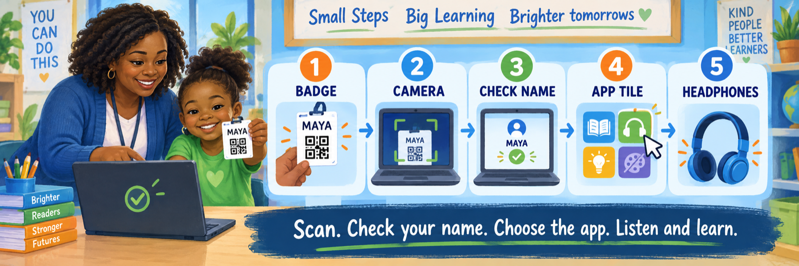 An African American six-year-old girl holds her Clever Badge toward a laptop camera while an African American female teacher around age 40 guides the login routine.