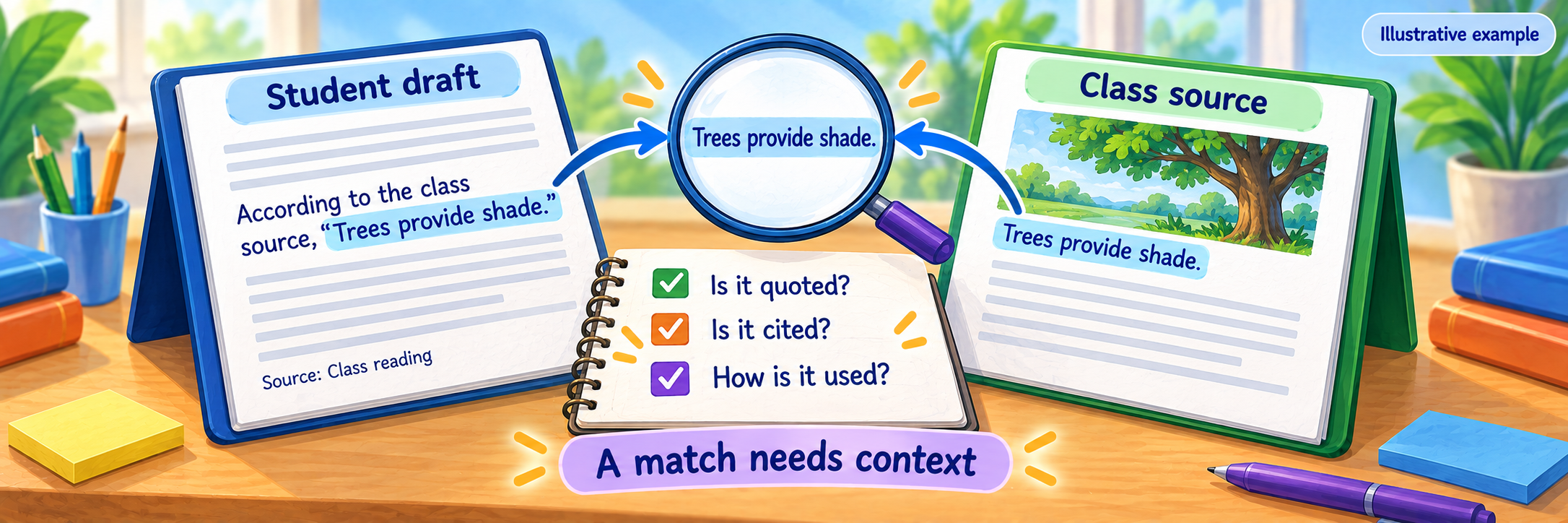 The phrase Trees provide shade appears in a cited quotation in a student draft and in a class source; the reviewer checks quotation, citation, and use.