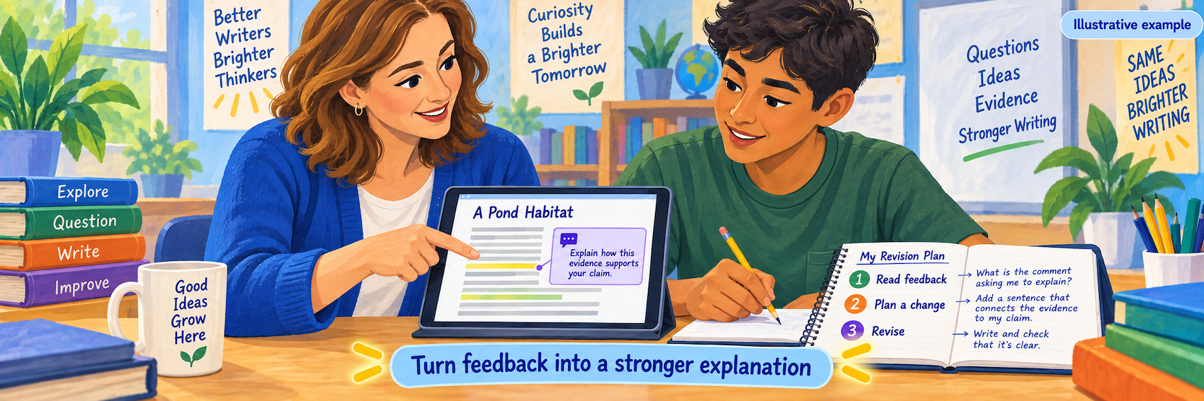 A teacher and teenage student review a writing comment together and plan how to explain the connection between evidence and a claim.