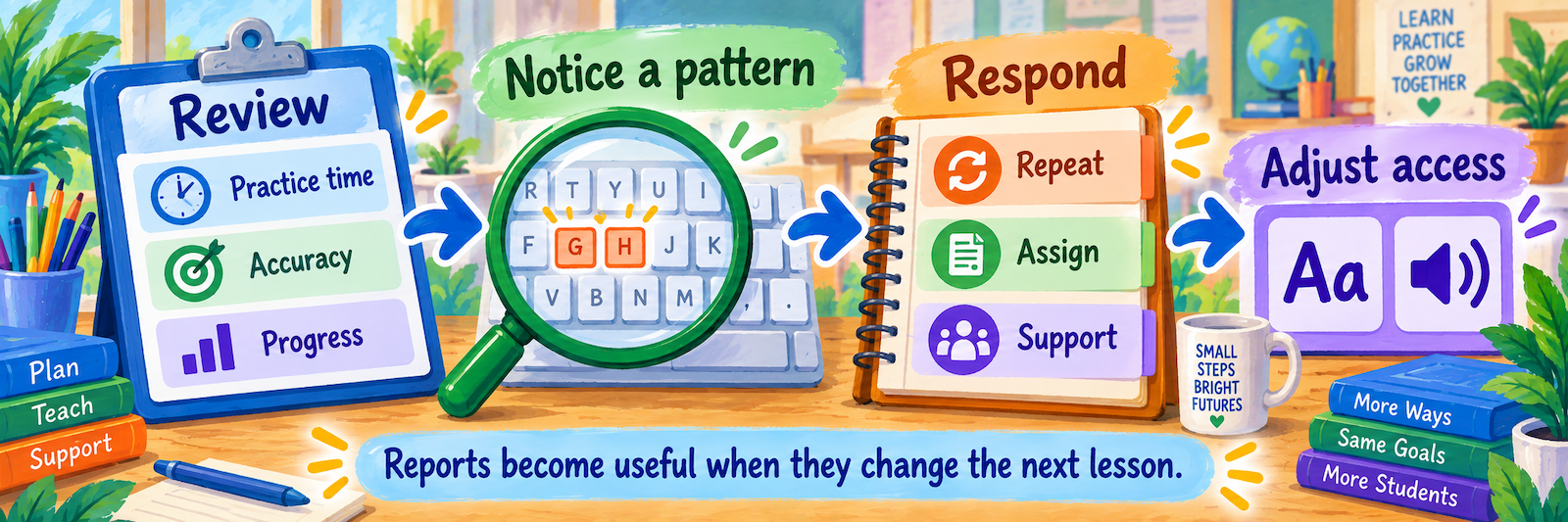 A teacher reviews practice time, accuracy, and progress, notices a keyboard pattern, and chooses repetition, assignment, support, or an access adjustment.