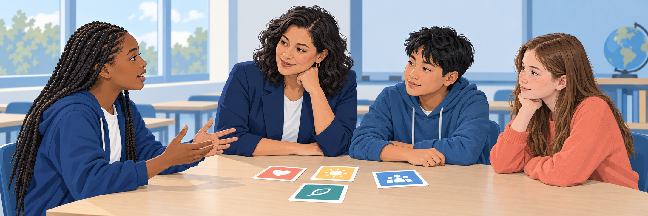 A South Asian nonbinary educator in an indigo jacket listens at student level while a diverse middle-school group discusses, organizes six skill cards, writes privately, and develops a small community action plan; one student uses a wheelchair.