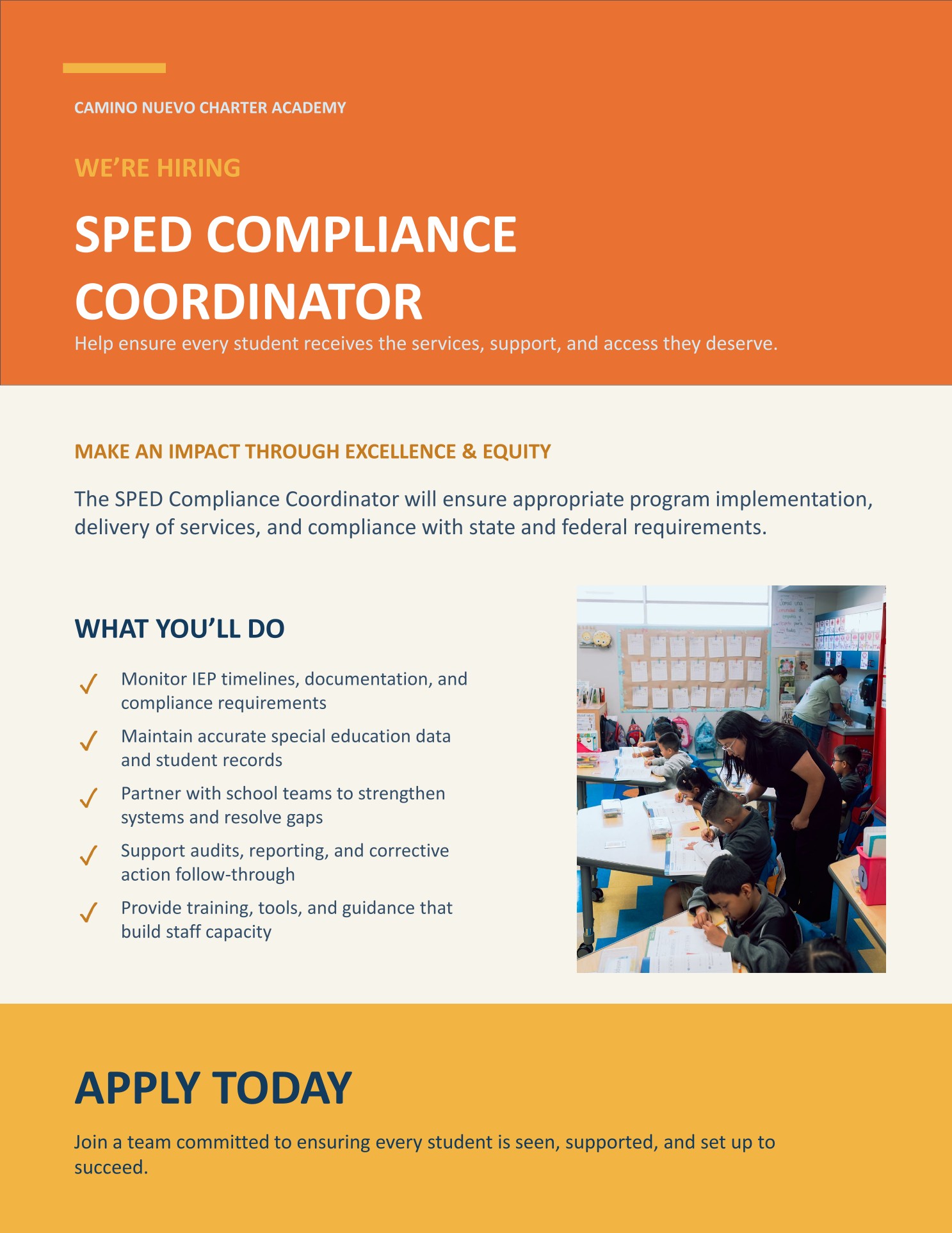 Camino Nuevo Charter Academy hiring flyer for a SPED Compliance Coordinator. The flyer highlights special education compliance, accurate student records, collaboration with school teams, audit and reporting support, and staff training and guidance.