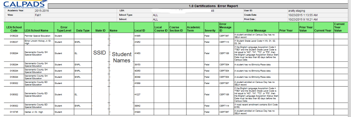 1.0 Certification Errors Report