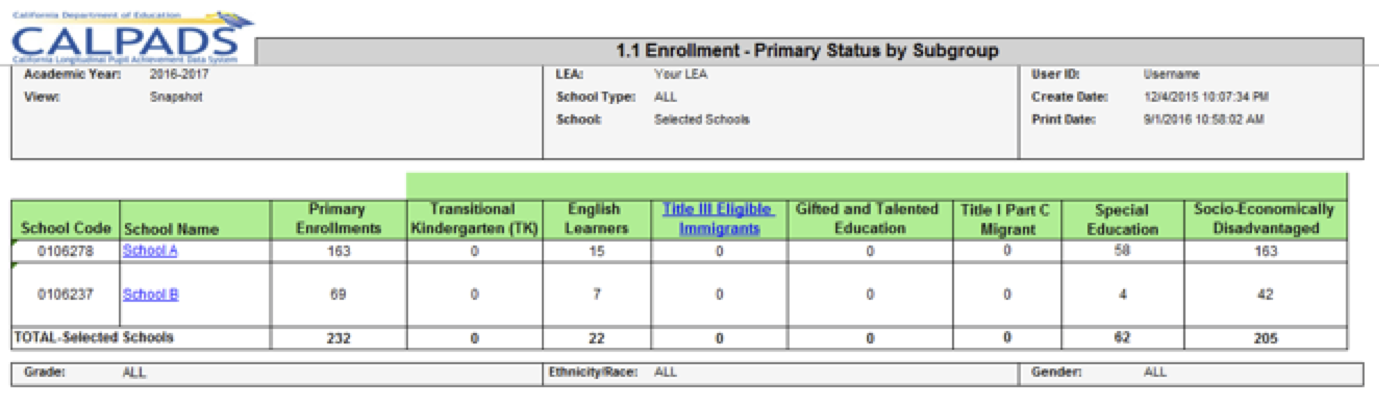 1.1 - Enrollment - Primary Status by Subgroup