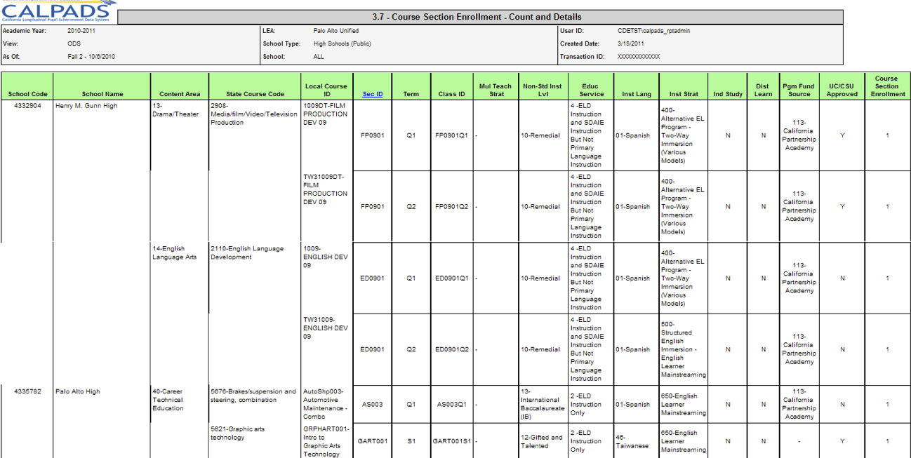 3.7 - Course Section Enrollment - Count and Details